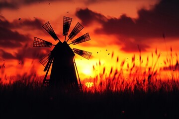 Old windmill silhouetted against fiery sunset