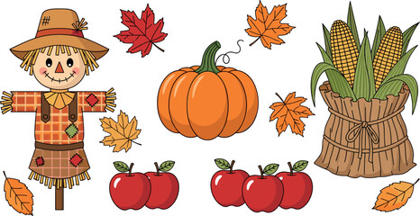 Cartoon image of scarecrow, pumpkin, corn, apples, and fall leaves on transparent background