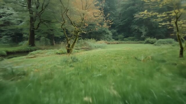 Serene forest landscape with a tranquil pond surrounded by lush greenery and autumn foliage