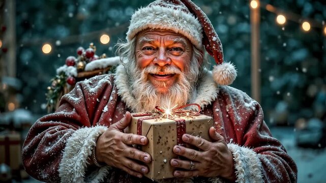 A cheerful and cunning Santa smiles charmingly and winks cheerfully, looking at the camera. Christmas Eve, magic and witchcraft.