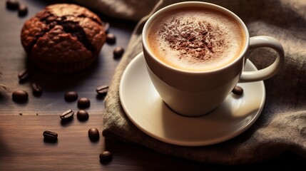Fototapeta premium Muffin and coffee with cinnamon dusting on a rustic wooden surface