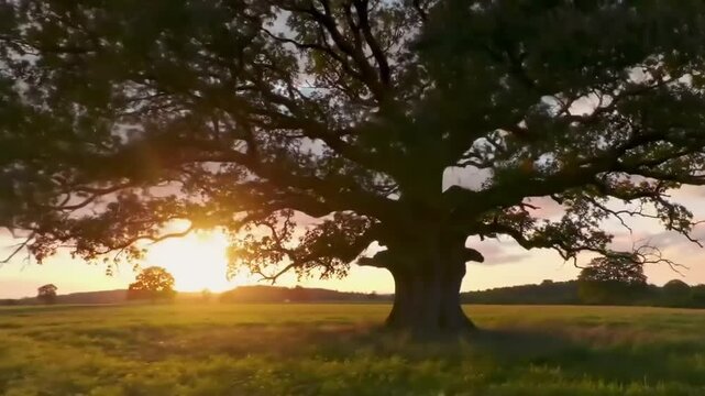 Majestic tree silhouette in golden sunset light over a grassy field landscape