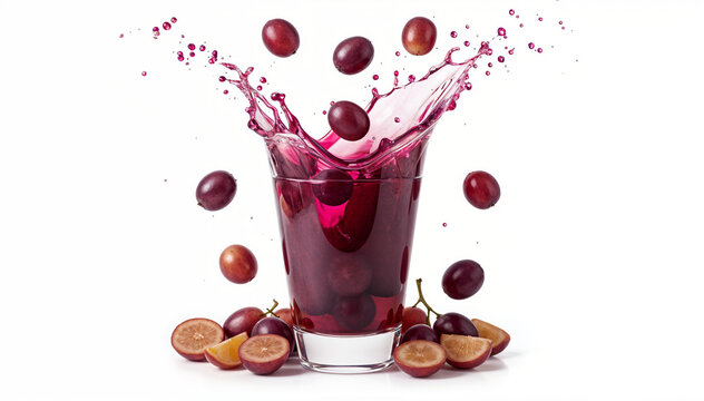 Fresh Grape Juice Splash with Whole and Sliced Grapes on White Background
