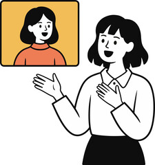 Vector art of a woman in a white shirt and black skirt is having a video call with another woman displayed on a screen, both are smiling and engaged in a virtual conversation