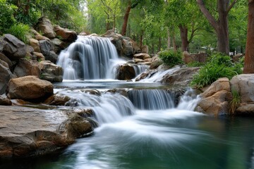 Obraz premium Tranquil Waterfall Cascading Over Rocks in Lush Green Garden