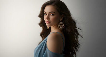 Fototapeta premium Beautiful Woman with Long Dark Hair and Ornate Gold Statement Dangle Earrings Portrait
