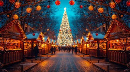 Festive Christmas market with glowing wooden stalls and giant illuminated tree decorated with ornaments and garlands, surrounded by people walking through snowy evening holiday atmosphere