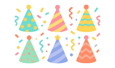 Colorful party hats with confetti in flat design