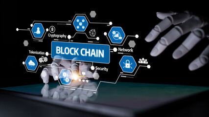 A robotic hand engages with a digital display showcasing blockchain technology concepts including security, cryptography, and tokenization in a modern context. Tessel