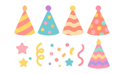 Colorful party hats and decorations on white background