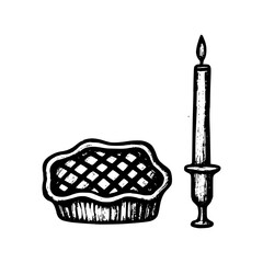 Rustic pie and candle illustration evokes cozy, nostalgic moments perfect for holiday or celebration themes.