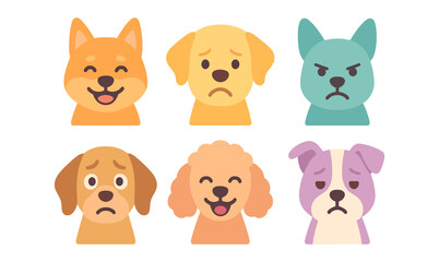 Cute cartoon dog faces with various emotions in flat style