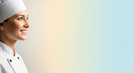 Female caucasian chef in profile view with soft pastel background