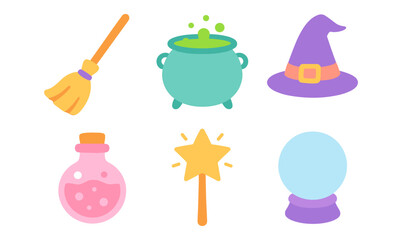 Colorful witchcraft icons: broom, cauldron, hat, potion, wand, crystal ball