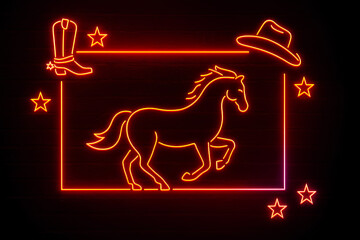 Western Neon Horse Silhouette with Cowboy Elements and Glowing Frame