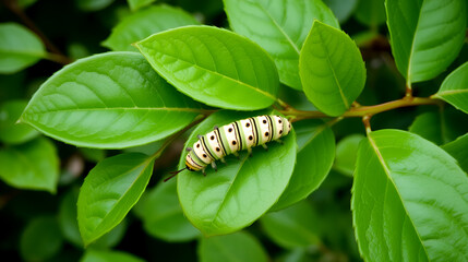 Green leaves of boxwood and caterpillar.