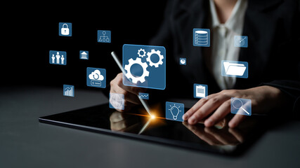 A concept of business operations and enterprise system integration. The components of a company including security, data, and cloud infrastructure. Motif