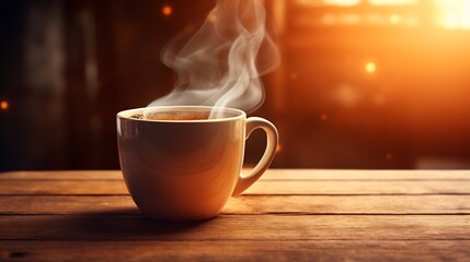 Obraz premium Steaming cup of coffee on a wooden table with warm lighting