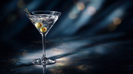 Classic gin martini with olives in elegant glass on dark background