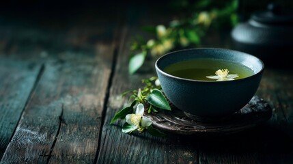 Elegant jasmine green tea in traditional Asian teacup on wooden surface