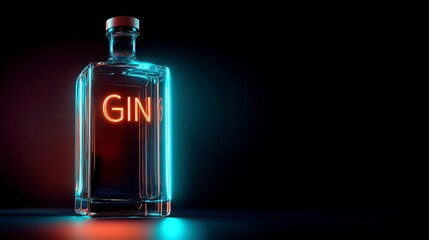 Bottle of gin illuminated with neon lights on dark background  