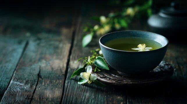 Elegant jasmine green tea in traditional Asian teacup on wooden surface  