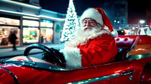 A cheerful and cunning Santa with a charming smile. Christmas Eve, magic and witchcraft. Santa's fun Christmas ride in the RED FAIRY TALE CAR