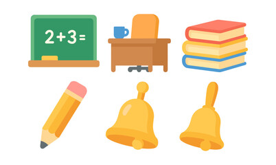 Classroom essentials in flat design: chalkboard, desk, and school supplies