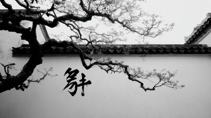 Elegant black and white tree branches over wall