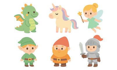 Cute cartoon fantasy characters: dragon, unicorn, fairy, elf, dwarf, knight