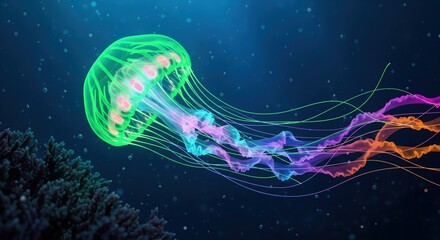 Naklejka premium Bioluminescent Filament Medusa — side view midshot with pulsing glow, pink-turquoise highlights and deep blue sea bubbles