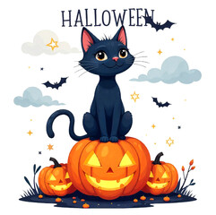 halloween background with pumpkin and bats and cat