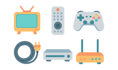 Fototapeta premium Flat electronic devices set: tv, remote, game controller, cable, receiver, router