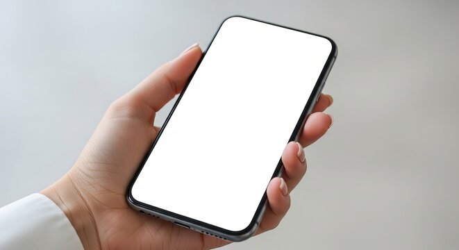 Female hand holding an elegant smartphone featuring a pristine white screen, ideal for customizable application and website interface mockup presentations - Powered by Adobe
