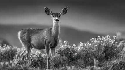 Monochrome deer in field