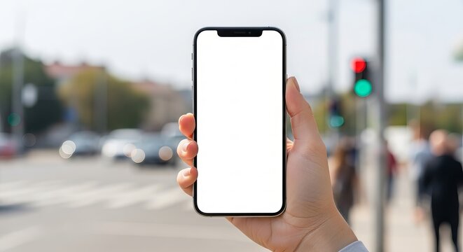 Hand holding contemporary frameless smartphone with blank white screen for digital display mockup, standing on bustling city street with blurred cars and pedestrians background