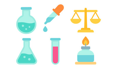Colorful laboratory equipment icons for science and education projects
