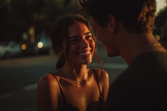 Two individuals share a joyful moment, exchanging smiles and laughter in soft focus as the warm glow of sunset envelops them, creating a romantic mood. The scene evokes a sense of nostalgia