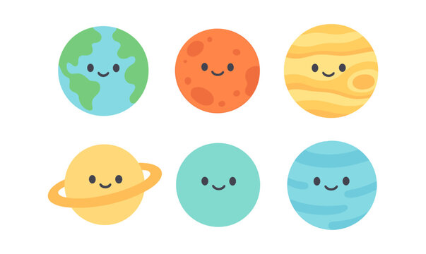 Cute kawaii planet characters with smiling faces in cartoon style