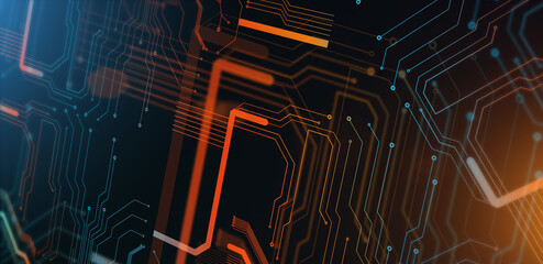 Abstract Technological Background With Colorful Microcircuit Lines And Dots, Motherplate System Backdrop, Creative Design Illustration With Futuristic Geometrical Elements, Panorama