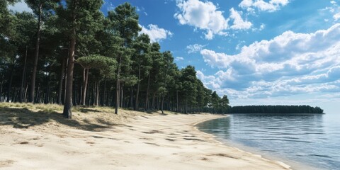 A Serene Beach Landscape featuring a Lush Forest and a Captivating Clear Blue Sky