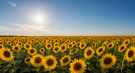 Sunflower field under a clear blue sky on a sunny day