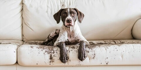 A Muddy Dog Comfortably Relaxing on a Soft Couch while Wearing a Cheerful Expression