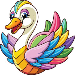 Whimsical rainbow swan with colorful feathers and big blue eyes