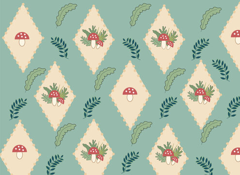 Seamless Vintage Mushroom Pattern with Leaves &ndash; Retro Forest Botanical Vector