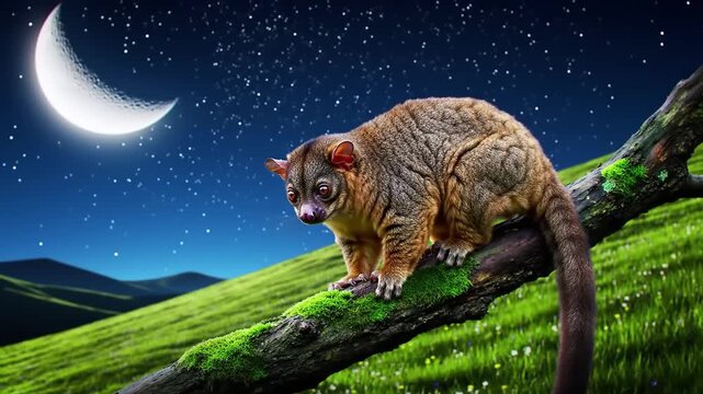 Nocturnal animal perched on tree branch under crescent moon in a starry night scene