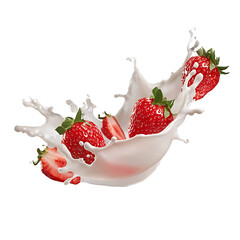 milk or yogurt splash with strawberries isolated on white background
