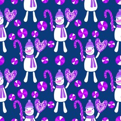 Christmas cartoon ice seamless snowman pattern for wrapping paper and fabrics