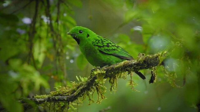 Whitehead's broadbill - Calyptomena whiteheadi bird in Calyptomenidae endemic to the mountain ranges of north-central Borneo, green and black bird nesting in the hanging nests in the forest.