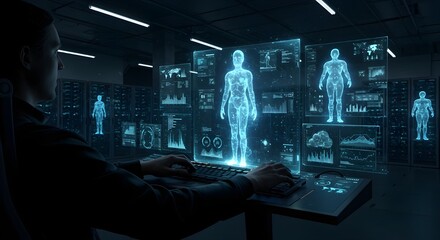 A blue holographic human figure displayed inside a futuristic control room, surrounded by digital screens and interfaces, symbolizing artificial intelligence, data analysis, and advanced technology.
